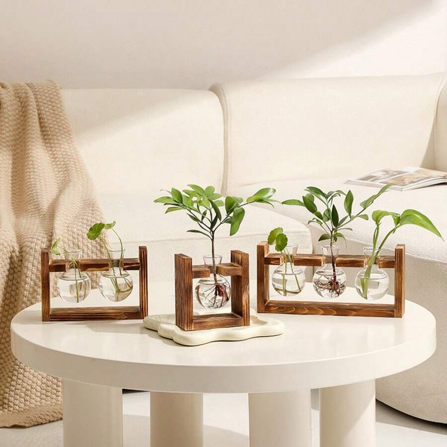 1pc Hydroponic Plant Glass Bulb Vase With Wooden Stand, Indoor Hydroponic Plant Breeding Station, Suitable For Home, Office, Garden Decor, Gift For Plant Lovers, Vase, Centerpiece, Tabletop Decor