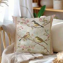 1 buc. Față de pernă decorativă cu model vintage de păsări și crengi florale, material moale din catifea piersică, imprimare pe o singură față, 45 * 45 cm / 50 * 50 cm, potrivită pentru casă, dormitor, sufragerie, canapea, cadou