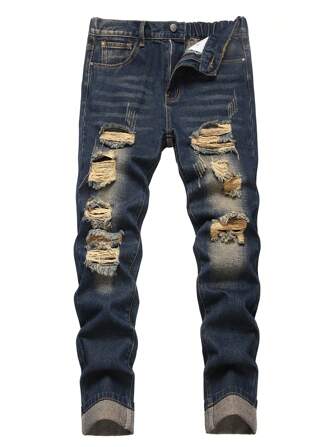 Jeans casuales con efecto gastado y elásticos, apropiados para todas las estaciones, para niños y adolescentes