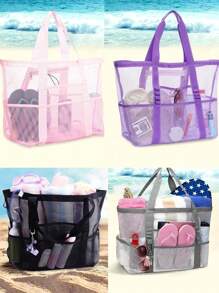Large Capacity Waterproof Beach Bag, Lightweight Collapsible Beach Bag, Portable Travel Bag, Mesh Beach Bag Swim Tote Bag, Multifunctional Shoulder Shopping Bag Handheld Beach Mesh Hollow Out Bag Hollow Bag, Summer Beach Toy Storage Bag, Bath Swimming Large Capacity Storage Bags, Bathroom Bag & Shoulder Handbag For Travel Vacation Beach Cruise Essentials
