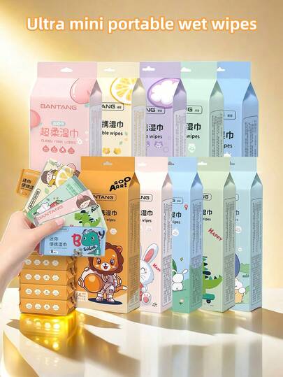 1/2/4/8 paquetes de toallitas húmedas súper mini, toallitas húmedas portátiles mini, esenciales para estudiantes, toallitas húmedas para exteriores, toallitas húmedas de limpieza, servilletas húmedas lindas