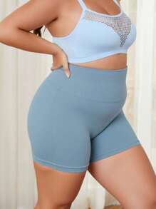 Plus Size Women's Seamless High Waist Solid Color Knit Gym Shorts, Yoga Workout Cycling Shorts, Comfortable Skin-Friendly Fashion Sports Bottoms