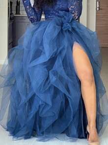 Women Long Tulle Tutu Skirt High Waist Layered A-Line Puff Mesh Skirt Floor Length Split Half-Dress Princess Skirt - Màu xanh hải quân - Xem 2
