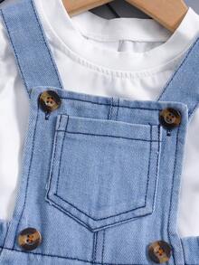 1pc Baby Girls' Heart Print Casual Versatile Denim Bib Pants - Blue - View 9