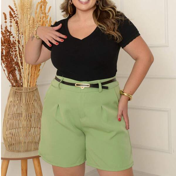 Short feminino alfaiataria com cinto social cintura alta plus size