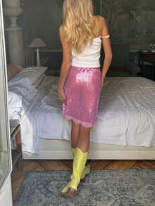 Women's Fashion Midi Skirts Sequins Lace Trim Low Waist Skirts Summer Fashion Bodycon Skirts Partywear - 粉色 - 查看 2