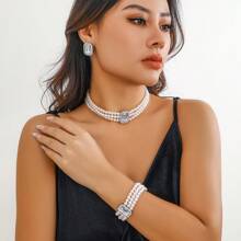 4pcs Set Elegant & Fashionable Multi-Layer Faux Pearl Beaded & Gemstone Inlaid Necklace, Earrings & Bracelet Jewelry Set, Suitable For Women's Daily Wear, Wedding, Party, Holiday & Anniversary Gift