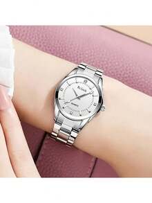 1 pieza de correa de acero inoxidable para señoras con aro circular y esfera simple luminosa, elegante reloj de cuarzo con manecillas, adecuado para decoración diaria y de fiesta. Reloj para mujer, reloj de lujo para señoras - Plateado - Ver 7