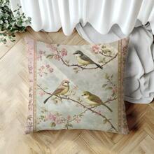 1 buc. Față de pernă decorativă cu model vintage de păsări și crengi florale, material moale din catifea piersică, imprimare pe o singură față, 45 * 45 cm / 50 * 50 cm, potrivită pentru casă, dormitor, sufragerie, canapea, cadou