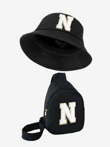 2pcs/Set Kids Letter Print Bucket Hat And Shoulder Crossbody Bag, Stylish And Minimalist, Suitable For Boys And Girls Outdoor Wear, Spring/Summer - Black - View 29