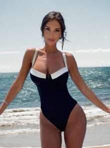 Women's One Piece Color Block Swimsuit Tummy Control Slimming Bathing Suit V Neck Cutout High Waisted Swimwear