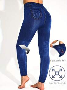 Leggings elásticos de ajuste ceñido de moda casual para mujer, de estilo de calle, de longitud de tobillo, con estampado de vaquero, estrella y flor, con efecto moldeador, cómodos y transpirables para uso diario, deporte y actividades al aire libre