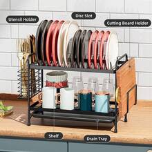 Dish Drainer Rack, 2 Tier Dish Drying Rack With Drip Tray In Large Capacity, Rustproof Sink Draining Board Rack With Utensil & Cutting Board For Kitchen - Black - View 5
