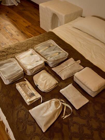 Cirelle 9 peças/conjunto de cubos de embalagem de viagem, bolsas organizadoras com zíper de grande capacidade, bolsa de viagem portátil, bolsas de armazenamento, bolsas de malha, bolsa de cosméticos, bolsa para sapatos, capa para garrafas, bolsas com cordão, bolsas regulares, bolsa de bagagem, organizador de roupas íntimas, bolsa hospitalar, camisa, roupa íntima, roupas, cosméticos, artigos de higiene pessoal, escova de dentes e pasta de dentes, kit de higiene pessoal à prova d'água, Boho Vibes