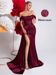 ADYCE Đầm dạ hội khoét vai, đầm maxi dài xòe rộng, eo cao, hở lưng, cổ yếm, đính đá lấp lánh, thắt lưng buộc eo, thích hợp cho các buổi tiệc, dạ hội và các dịp lễ kỷ niệm. - Màu Đỏ Sâu - Xem 1