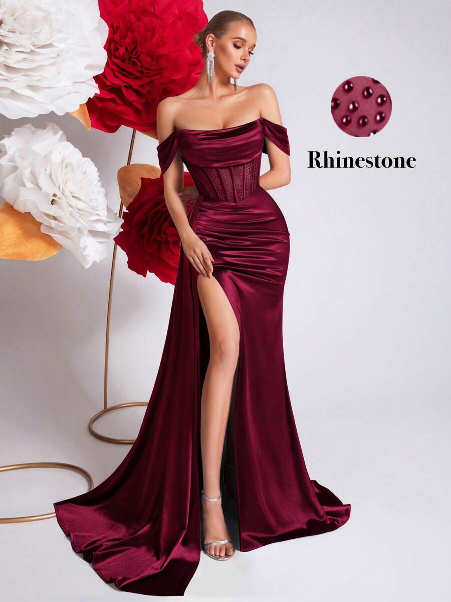 ADYCE Đầm dạ hội khoét vai, đầm maxi dài xòe rộng, eo cao, hở lưng, cổ yếm, đính đá lấp lánh, thắt lưng buộc eo, thích hợp cho các buổi tiệc, dạ hội và các dịp lễ kỷ niệm. - Màu Đỏ Sâu - Xem 1