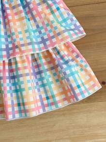 1 件装夏季女童格子无袖芭蕾舞裙配粉色蝴蝶结细节 - 可爱分层薄纱裙 - 彩色 - 查看 4