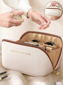 1pc Travel Dual Layer Cosmetic Bag, PU Leather Waterproof Makeup Bag, Large Capacity Toiletry Pouch, Beach Bag, Travel Bag, Portable Makeup Organizer, Makeup Brush Holder, Essential For Holiday, Gift For Friends, Mother's Day, Teacher, Bridesmaid