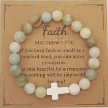 1pc 8mm Natural Stone Cross Bracelet, Healing Prayer Bracelet Gift For Christians With Prayer Card