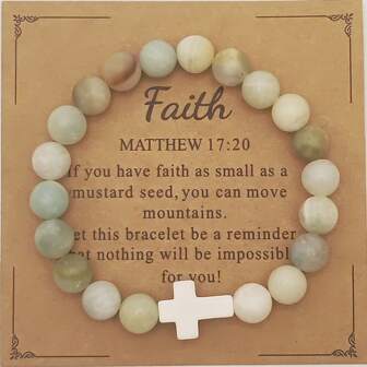 1pc 8mm Natural Stone Cross Bracelet, Healing Prayer Bracelet Gift For Christians With Prayer Card