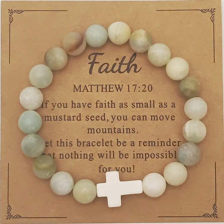 1pc 8mm Natural Stone Cross Bracelet, Healing Prayer Bracelet Gift For Christians With Prayer Card - Amazonite - View 1