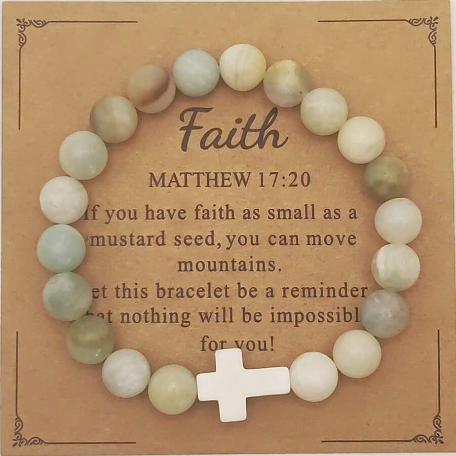 1pc 8mm Natural Stone Cross Bracelet, Healing Prayer Bracelet Gift For Christians With Prayer Card