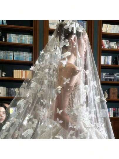 Bride Veil With 3D Butterfly, White Pearl, Luxury Pearls, Oversized Trailing Veil For Wedding, Photo Shoot Prop, Party Decor