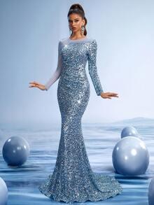 GIFORU 优雅的银蓝色美人鱼晚礼服 - 奢华的水晶装饰婚礼宾客礼服，配有 3D 亮片和透明幻觉袖子，适合庆典/晚会/鸡尾酒会的红毯正式礼服，派对礼服