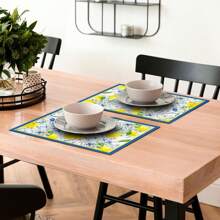 1/2/4/6 Luxury Placemats Lemon Blue Linen Placemats, 30 * 45cm Seasonal Daily Tablecloth Table Mats, Coasters, Suitable For Holiday Party Decoration, Coffee Table And Home Decoration, Kitchen Table And Room Decoration Accessories, Dining Table Decoration, Restaurant Company Gatherings
