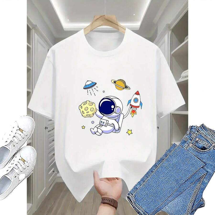 Heavyweight Men's 100% Cotton Printed, Astronaut Pattern Printed Loose T-Shirt, Casual Short Sleeve Crew Neck T-Shirt, Men's Outdoor Clothing Summer - 白色 - 查看 1