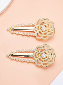 2 piezas Clips laterales de perlas falsas de camelia para niñas, Clips para el cabello de aleación con corazón estilo Y2K, Elegantes clips para el cabello de caimán para uso diario