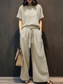 ZANZEA Women Short Sleeve Tops T Shirt Lace-Up Elastic Waist Wide-Leg Long Pants Palazzo Trousers Summer Casual Loose 2PCS Sets Outfits - 米色 - 查看 1