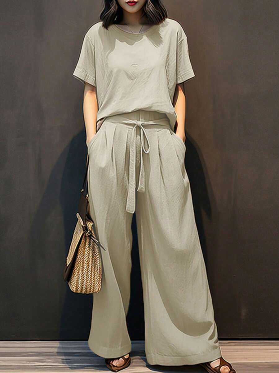 ZANZEA Women Short Sleeve Tops T Shirt Lace-Up Elastic Waist Wide-Leg Long Pants Palazzo Trousers Summer Casual Loose 2PCS Sets Outfits - 米色 - 查看 1