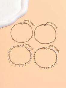 4pcs Handmade Multilayer Beaded Chain Anklets Set, Fashionable Simple Style For Women, Beach Jewelry - Silver - View 2
