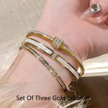 3pcs Titanium Steell, Not Fading, Fashionable And Simple, Versatile, High-End And Luxurious, Unique Design Ins Style, Sweet And Gentle Elegant, Delicate And Creative, Personalized, White Shell & Rhinestone Decor Bracelet For Women, Suitable For Everyday Wear, Perfect Gift For Fashion Accessories And Best Friends