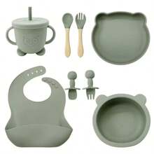 Set di alimentazione per bebè in silicone da 8 pezzi/6 pezzi/5 pezzi/4 pezzi/3 pezzi con piatto diviso con ventosa, prodotti per lo svezzamento, set di piatti per l'alimentazione autonoma di bebè/bambini piccoli con cucchiaio, forchetta, tazza con beccuccio, bavaglino regolabile, stoviglie per bebè