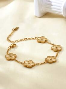 1pc/Set Elegant Minimalist Versatile 18K Gold Plated Stainless Steel Clover Necklace, Bracelet, Earrings & Ring Jewelry Set, Suitable For Women Everyday & Party Wear