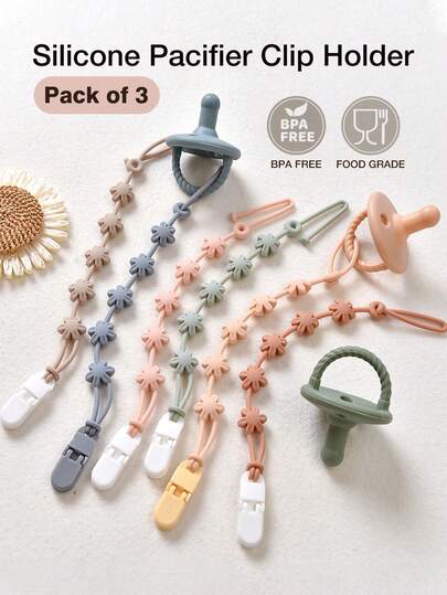 4pcs Baby Daisy Anti-Lost Hanging Strap, Suitable For Baby Bottles, Pacifiers, Teethers, Toys Silicone Anti-Drop Chain With Clips, Floral Anti-Drop Chain