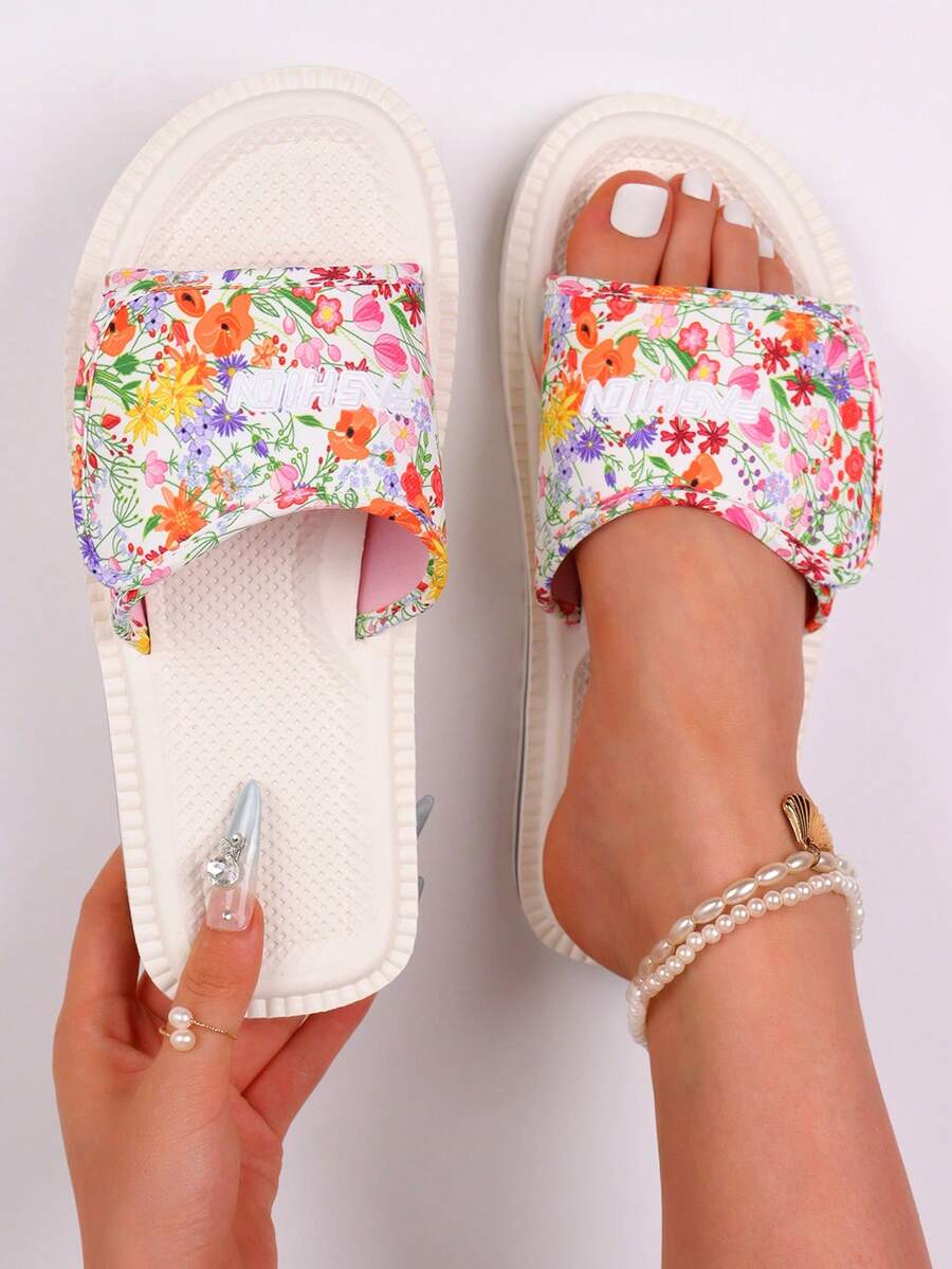 Women's Floral Print Slip-On Sandals - Comfortable Beach & Casual Flat Slippers With Adjustable Straps, Breathable Fabric Upper, EVA Sole, Suitable For Indoor/Outdoor Use, Fashion Footwear, Adjustable Strap - White - View 1