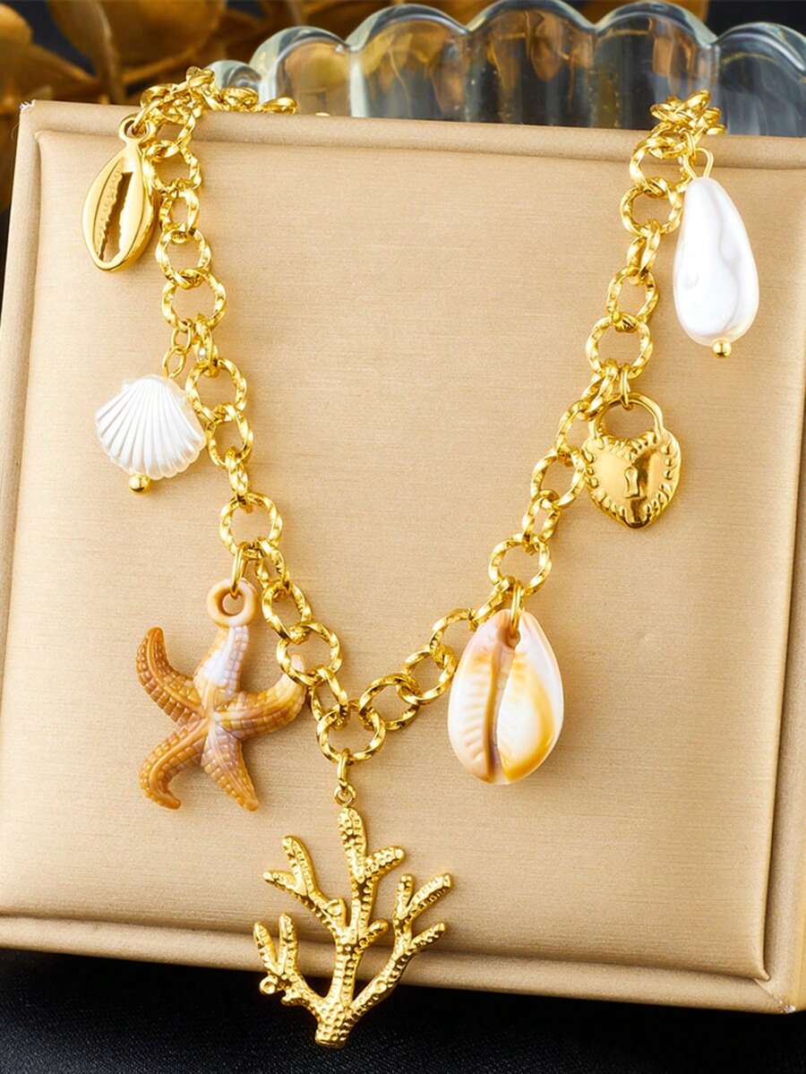1 复古镀金 O 型链海洋生物吊坠不锈钢项链海藻海星贝壳珍珠心形锁配件项链