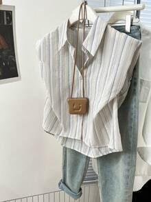 YUXIN 女士休闲条纹宽松短袖衬衫，夏季新款 - 藍色 - 查看 5