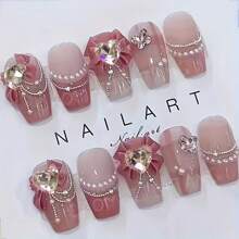 10PCS Red Press On Nails Short Coffin Nails, Summer Nails, Nail Supplies, Short French Nails, Cute Love Bow Nails, Home DIY Nail Design Full Coverage Fake Nail Tips Artifical Fingernails For Women And Girls Manicure Supplies Office Daily Wear False Nails, Purely Hand-Wear Nails, Handmade Press On Nails