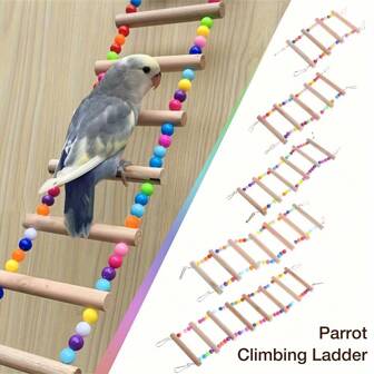 1pc Bird Climbing Ladder, Colorful Bead Parrot Gnawing Toys, Solid Wood Stand Ladder, Bird Cage Accessories, Bird Supplies,Colorful Wooden Parrot Climbing Ladder & Swing Toy - Durable Natural Wood With Vibrant Beads, Multiple Levels For Cognitive Skills & Play, Ideal For All Bird Species