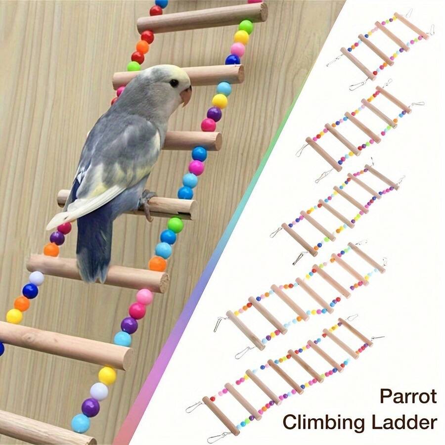 1 pieza Escalera de escalada para pájaros, juguete para roer con cuentas de colores para loros, escalera de pie de madera sólida, accesorios para jaula de pájaros, suministros para pájaros, escalera de escalada y columpio de loro de madera natural duradera con cuentas vibrantes, múltiples niveles para habilidades cognitivas y juego, ideal para todas las especies de aves