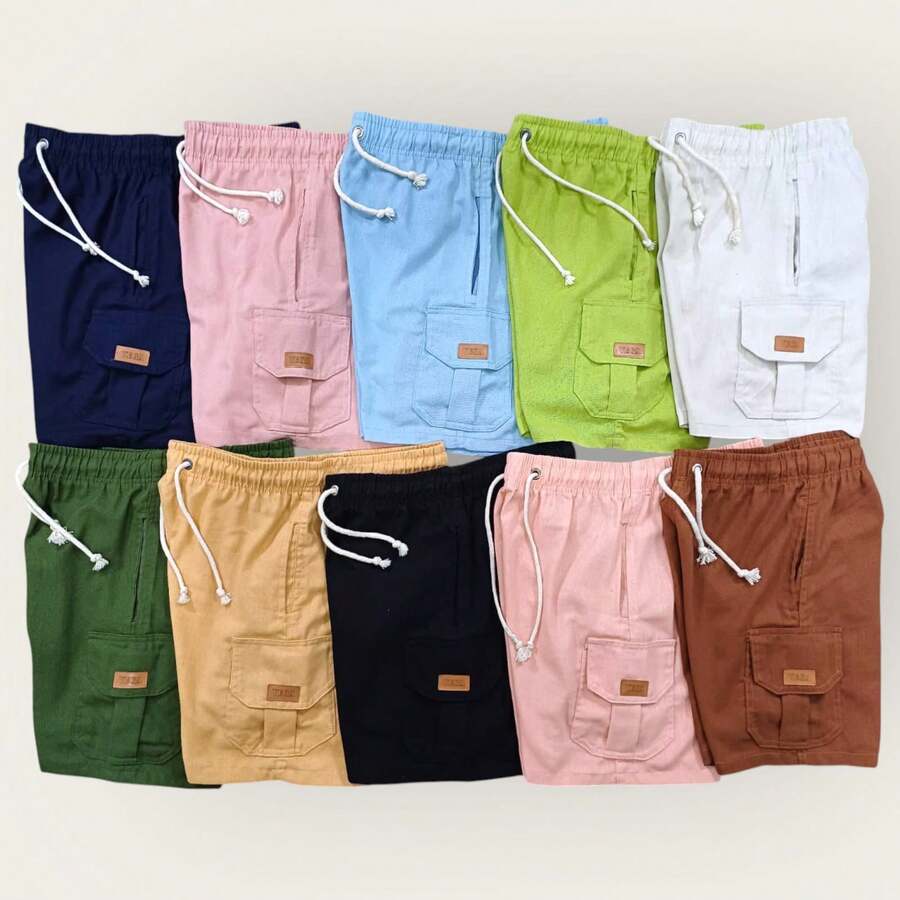 Kit 4 Bermuda Cargo Linen Premium Shorts Mauricinho Men's Casual Basic Comfortable Leather Label Detail - 彩色 - 查看 1