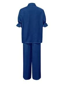 女式两件套短袖上衣和松紧腰泡泡袖裤，浅灰色，夏季 - 藏蓝色 - 查看 3