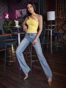 Carolina Barros Women's Solid Color Simple Daily Asymmetrical Neck Bodysuit Women Bodysuits - Yellow - View 7