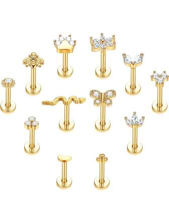 IRONBOX 1pc Surgical Steel Cartilage Earring Stud For Women Men Conch Helix Tragus Piercing Jewelry 16g Monroe Internally Threaded Labret Lip Ring Flat Back Nose Studs