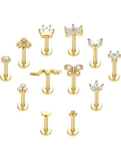 IRONBOX 1pc Surgical Steel Cartilage Earring Stud For Women Men Conch Helix Tragus Piercing Jewelry 16g Monroe Internally Threaded Labret Lip Ring Flat Back Nose Studs