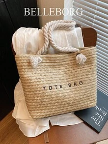 休闲度假大容量草编托特包，别致优雅的女士单肩手提包 - 黑色 - 查看 5